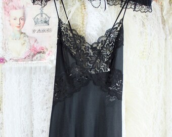 Vintage Beautiful Black Nightgown Lingerie Long Slip, Floral Lace Trims, Crisscross Straps, Front Slit Opening, Nylon, Size X-Small