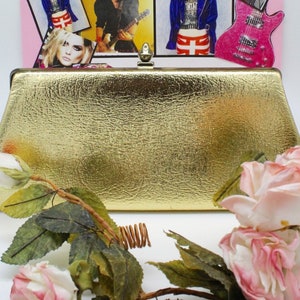 Vintage 60s 70s Gold Vinyl Metallic Handbag, Gold Metallic Clutch, Evening Handbags