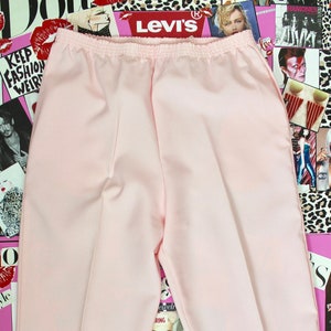Vintage 80s Light Pink Trousers, Elastic Waist, High Waist, 2 Pockets, 100% Polyester, Made in the USA, Waist 30&quot;