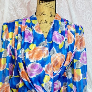 Vintage 90s Claude Sheer Colorful Floral Blouse, Padded Shoulders, Romantic Blouse, Made in Paris, Size Small