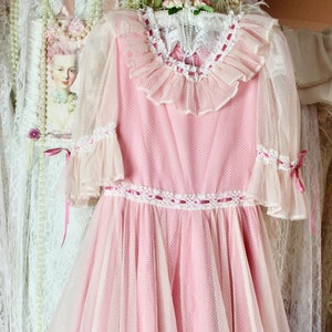 Vintage Victorian Romantic Pink Ruffle Dress, Cottage Core, Lace, Pink Satin Ribbons, Ruffles, Sheer Puffy Sleeves, Overlay, Nylon, Size S