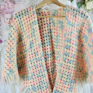 Vintage 70s Pastel Crochet Poncho, Triangular Poncho,Hand Crochet, Fringed, Crochet Shawls, Autumn/Winter Ponchos, Capes, Size Medium