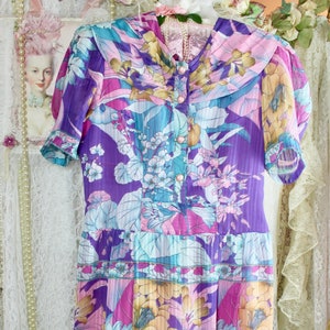 Vintage 70s 80s Colorful Floral Jumpsuit, Pleated, Floral Pattern, Collared, Sheer Puffy Sleeves, Full Inner Lining, Back Zipper, Size Small