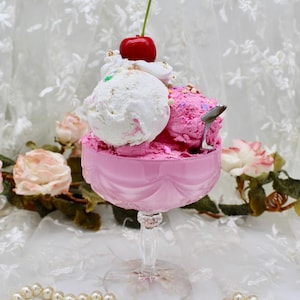 Faux Strawberry/Vanilla Ice cream, Triple Scoops, Topped with Sprinkles, Silver Spoon, Glassware, Kitchen Decor, Gift Ideas