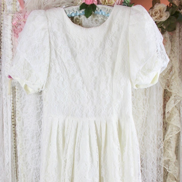 Vintage 80s 90s Romantic White Lace Long Dress By Karin Stevens, High Neck, Puffy Sleeves, Floral Lace Overlay, Made in the USA, Size S/M