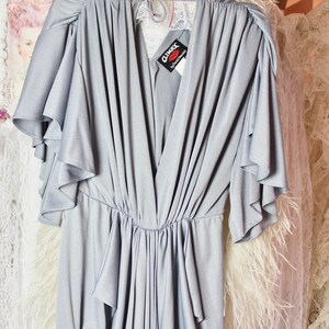 Vintage 80s Climax By David Howard Party Gray Disco Dress, Sexy V Neckline, Ruched Dress,  Drape Midi Dress, Size Medium