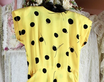 Vintage 80s Yellow/Black Polka Dot Dress, Asymmetrical Dress, Wide Shoulders, Padded Shoulders, Ruffles, 100% Polyester, Size Small/Medium
