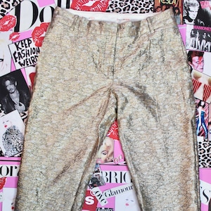 Paul & Joe Sister Gold Trousers, Floral Pattern, Gold Synthetic Material, Fully Lined, Made in France, Size Small