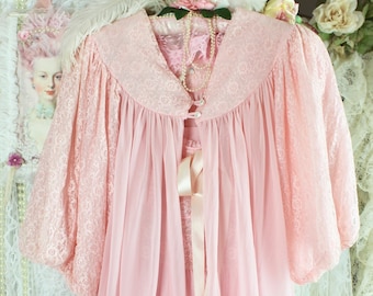 Vintage 50s 60s Exquisite Pink Peignoir Set, Romantic Pink Nightgown, Pink Robe, Floral Lace & Satin Trims, Gifts, Nylon, Size Small/Medium