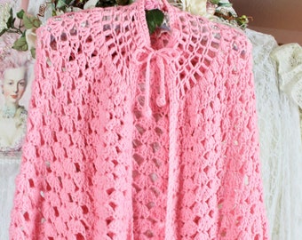 Vintage 70s Cute Baby Pink Crochet Knit Cape, Boho/Hippie Ponchos, Handmade Crochet Ponchos, Neck Tie Front, Autumn/Winter, Gifts, Size S/M