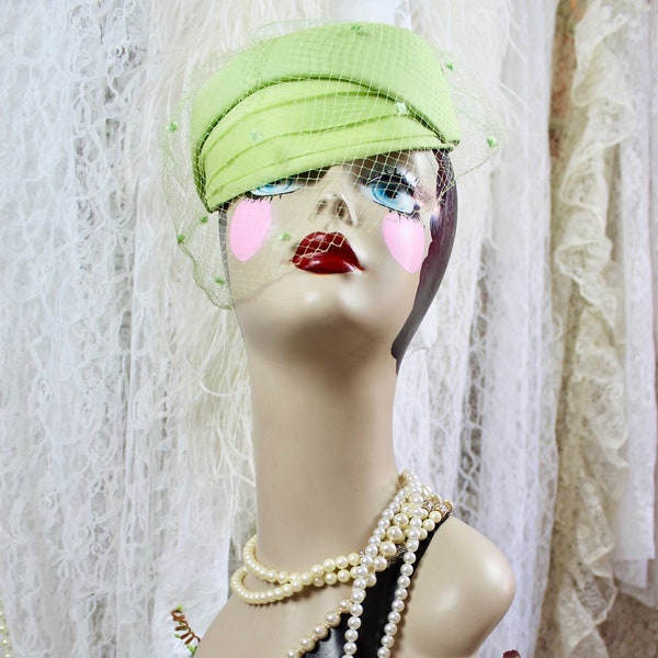Vintage 50s 60s Lime Green Halo Hat, Netted Dotted Veil, Open Crown with Netting, Classic Vintage Hats