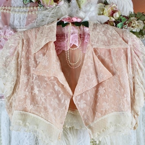 Vintage 60s Romantic Peachy Lace Bed Jacket, Upcycled Lace Jacket, Puffy Sleeves, Lace Collar, Lace Trims, Open Bed jacket, Size XS-Small