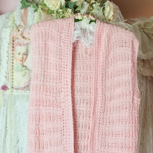 Vintage 70s Pink Crochet Knit Long Sleeveless Vest, Handmade Knit Vest, No Closure, 100% Nylon, Boho/Hippie Style, Size Medium
