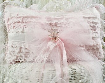 Shabby Chic Pink Ruffle Lace Small Throw Pillow, Handmade Shabby Pillows, Vintage Fabric, Vintage Ruffle Lace Overlay, Tulle & Ribbons