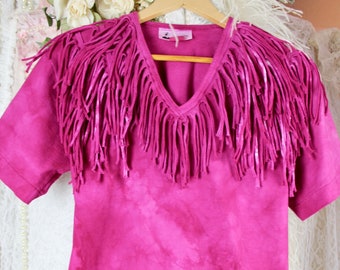 Vintage 80s Pink Western Fringe Tie Dye Top, Masquerade, Western Tops, Fringe Collar, V-Neckline, Made in the USA, 100% Cotton, Size Small