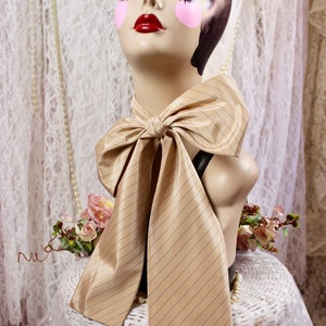 Vintage 70s Beige/Blue Silky Striped Neck Long Scarf, Vintage Scarves, Mod Striped Scarves, Bow Tie Scarf, Hair Scarfs, Polyester