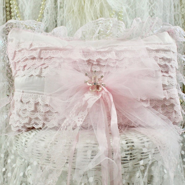 Shabby Chic Pink Ruffle Lace Small Throw Pillow, Handmade Shabby Pillows, Vintage Fabric, Vintage Ruffle Lace Overlay, Tulle & Ribbons