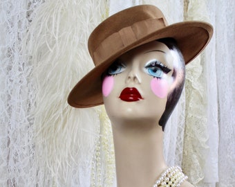 Vintage 60s MadCaps Paris New York Brown Brimmed Hat, Bow Ribbon, Boater Style, Felt, Wool, Vintage Women Hats