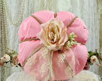 Romantic Victorian Pink Cushion, Handmade Cushions, Pink Glittery Rose, Lace & Gold Metallic Trims, Vintage Fabric, Decorative Cushions