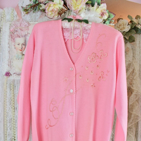 Vintage 60s 70s Baby Pink Embroidered Floral Cardigan Sweater, Floral Embroidery, Button Up Front, 100% Pure Wool, Size  Medium/Large