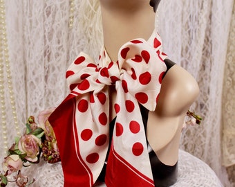 Vintage 70s Silky Red/White Polka Dot Long Scarf, Maurice Vintage Scarves,