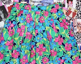 Vintage 90s Koret Colorful Floral Pleated Skirt, Spring Midi Skirts, Tropical, One Side Pocket, Polyester, Waist 31"