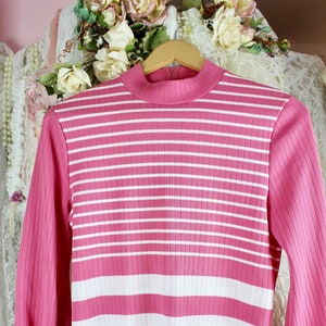 Vintage 70s Pink/White Stripped High Neck Top, Mock Neckline, Ribbed, Long Sleeves, Preppy/Mod Style, Poly/Nylon, Size Small/Medium
