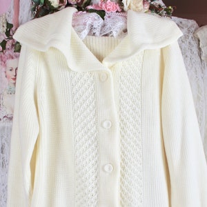 Vintage 60s 70s Cream Knit Cardigan Sweater, Oversize Collar