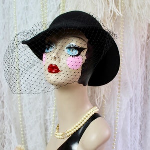 Vintage 60s 70s Lancaster Elegant Black Hat, Black Veil, Wool, Made in the USA, Gifts
