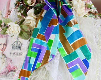 Vintage 70s Colorful Geometric Neck Tie Scarf, Vintage Accessories, Mid Century Short Scarfs, Gifts