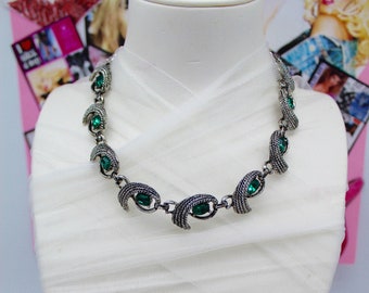 Vintage 70's 80's Silver Crystal Choker, Collar Necklace, Art Deco Jewelry,Celtic Necklace