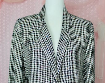 Vintage 90er Schwarz& Weiß Hahnentritt Blazer, Bunter Pailletten Blazer, Damen VTG Blazer, Größe Groß