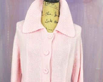 Vintage 70s Pink Knit Sweater, VTG Knit Cardigan, Knit Sweaters, High Collar Sweater, Size Medium-Large