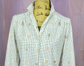 Vintage 70s Women's Polka Dot Blouse, 70s Polyester Long Sleeve Blouse, VTG Polka Dot Career Blouse, Size Medium
