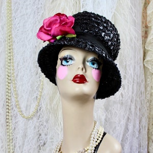 Vintage 60s Sears Millinery Black Raffia Cloche Hat, Rose Detail, Black Band Ribbon, Structured Hat, USA