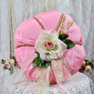 Romantic Victorian Pink Round Cushion, Handmade Throw Pillows, Vintage Pink Fabric & Lace Trims, Gold Metallic Trims, Faux Rose, Home Decor