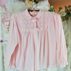 Vintage 50s 60s Lovely Sheer Light Pink Bed Jacket, High Collar with Satin Bow, Floral Lace, Ruffle Sleeves, Sleepwear, 100% Nylon, Size M