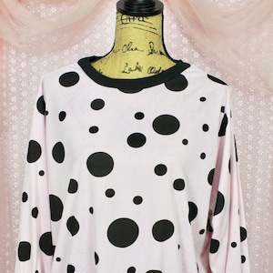 Vintage 80s Polka Dot Pullover Top, Light Pink /Black Polka Dot Top, Long Sleeve, Size Large