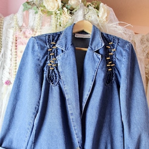 Vintage 80s 90s Saint Germain Paris Denim Long Jacket, Gold Studded, Padded Shoulders, Rolled Sleeves, 2 Front Pockets, VTG Jackets, Size M