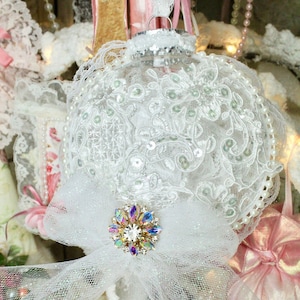 Shabby Chic Christmas Tree Ornaments, Handmade, Vintage Lace & Rhinestone, Holiday Gifts, Home Decor