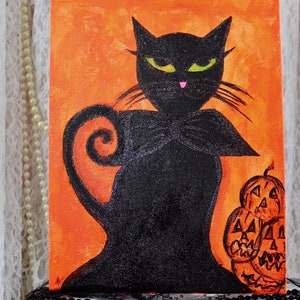Hand Painted Original Black Cat, Acrylic Painting on Canvas, Halloween Cat Painting, Glitters, Size 11&quot;x14&quot;