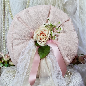 Romantic Pink Round Cushion, Handmade Round Cushions, Decorative Throw Pillows, Lace & Ribbons, Faux Rose Details, Home Decor