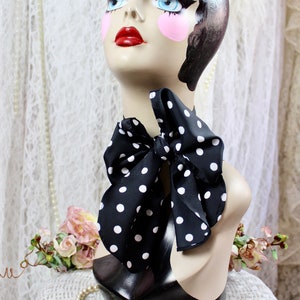 Vintage 70s Black/White Polka Dot Scarf, Polyester Scarves, Mid Century Scarves, Mod Scarves