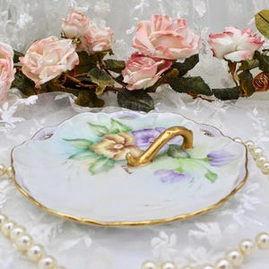 Vintage Small Lovely Hand Painted Floral Server Dish, Candy Dish, Gold Handle with Gold Trims, Signed By Artist, Collectibles, Gift Ideas