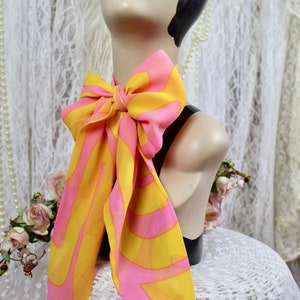 Vintage Sheer Pink/Yellow Abstract Long Scarf, Neck Scarf, Handbag Scarves, Hair Scarves, Cute Scarves