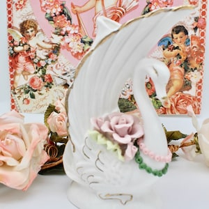 Vintage Lovely Ceramic Swan Vase, Dainty Porcelain Florals, Gold Accents, Swan Figurine Vase, Home Decor