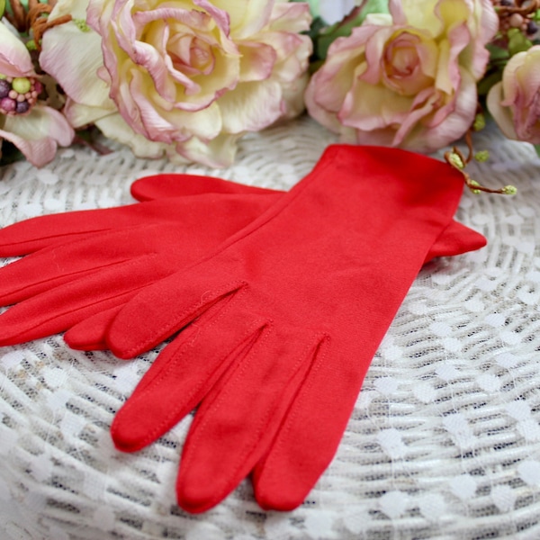 Vintage 60s Hansen NylaSuede Red Wrist Gloves, Elastic Inner Edges, Tea Party Gloves, Formal Gloves, Size 6" - 7"