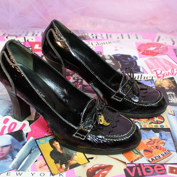 Super Cute Black CafeNoir Heel Penny Loafers, Fringe, Tassel, Made in Italy, Size US 9, Size EU 40