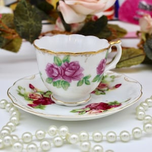 Vintage Dainty Mismatched Mini Tea Cup & Saucer, Pink Roses