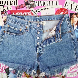 Vintage Levis Strauss 501s Denim Jean Shorts, High Waist, Medium Wash, Frayed Hem, Size 30&quot;